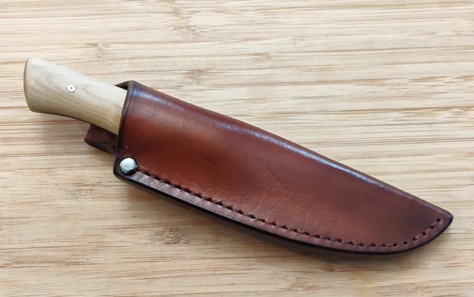 Southern Magnolia Bird & Trout Knife in hand-stitched leather sheat