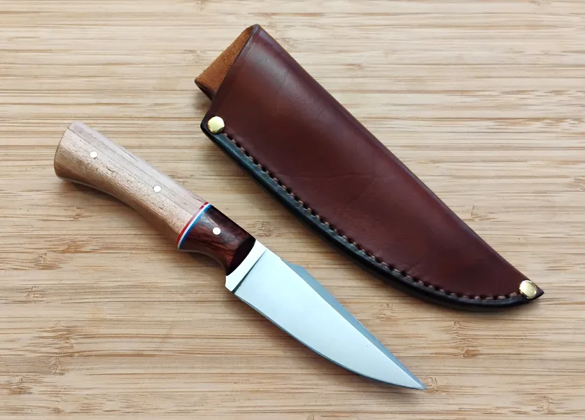GreBec Knives 7 5/8" Harpoon Clip EDC knife by custom leather sheath, exotic Tulipwood handle and Mopani bolster.