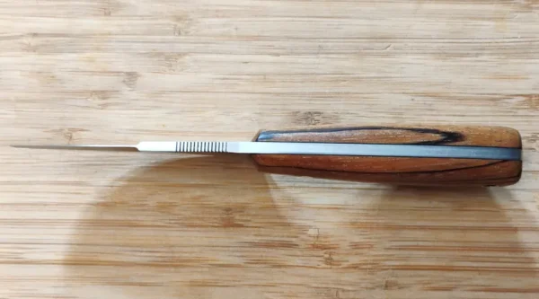 Zebrawood 3 Finger Skinner #303 Spine view showing full tang with thumb serrations and 2 inch swedge