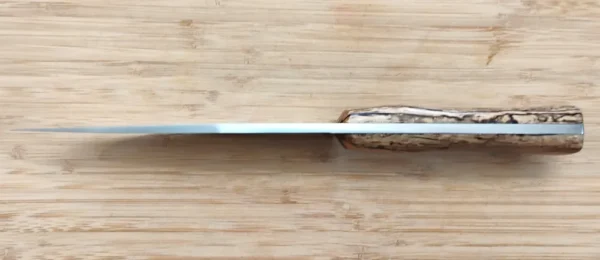 Spine view of the Bur Oak Camper/Chopper knife, highlighting the 3/16" thick 1095 high carbon steel blade and the ergonomic stabilized Florida bur oak handle with mild steel pins, on a wooden background.
