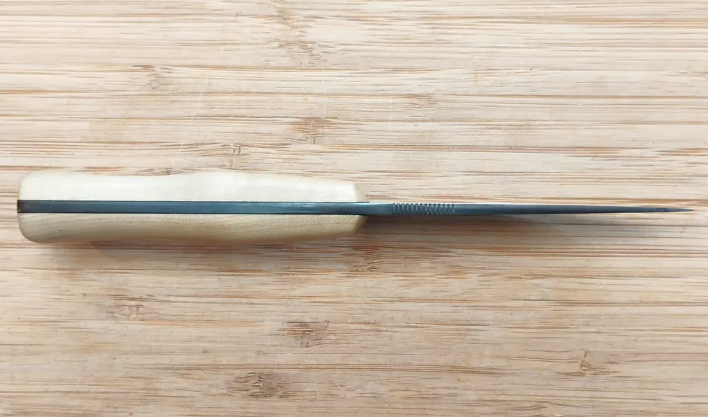 Spine view of Southern Magnolia Bird & Trout Knife, crafted for hunting