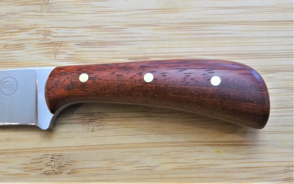 Left blade close-up of Padauk Neck Knife, upswept clip point and brass pins