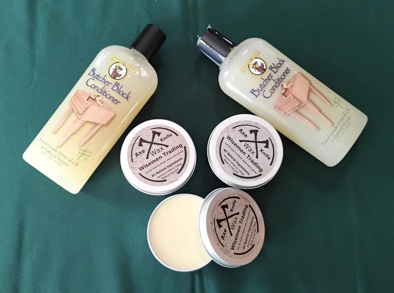 3 cans of Axe Wax and 2 Bottles of Butcher Block Conditioner that will be on the table at Market