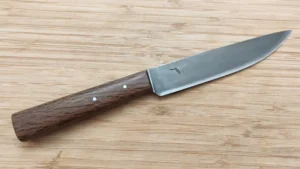 Live Oak French Trade Knife #361 right side view displaying an antiqued finish blade by GreBec Knives