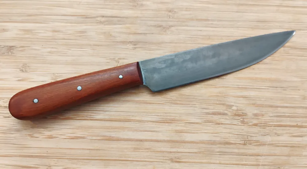 Pernambuco French Trade Knife #364 right side view displaying an antiqued finish blade by GreBec Knives