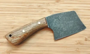 stonewashed 1095 mini cleaver knife with stabilized Florida Bur Oak handle small camp kitchen knife displaying Florida Logo on the blade