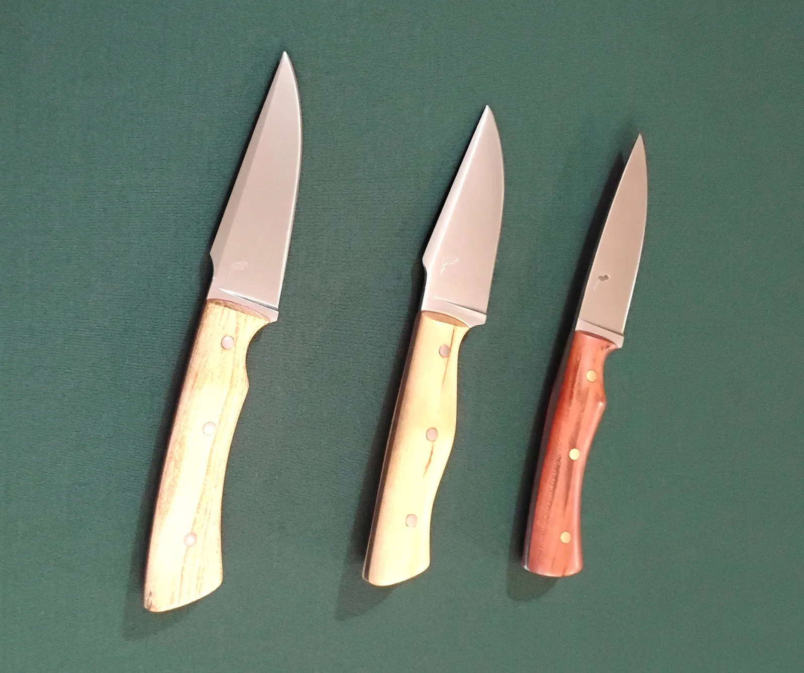 3 Florida Wood Series knifes in a line, starting with a Florida Pecan harpoon clip point and ending with a Florida Red Cedar Bird & Trout.