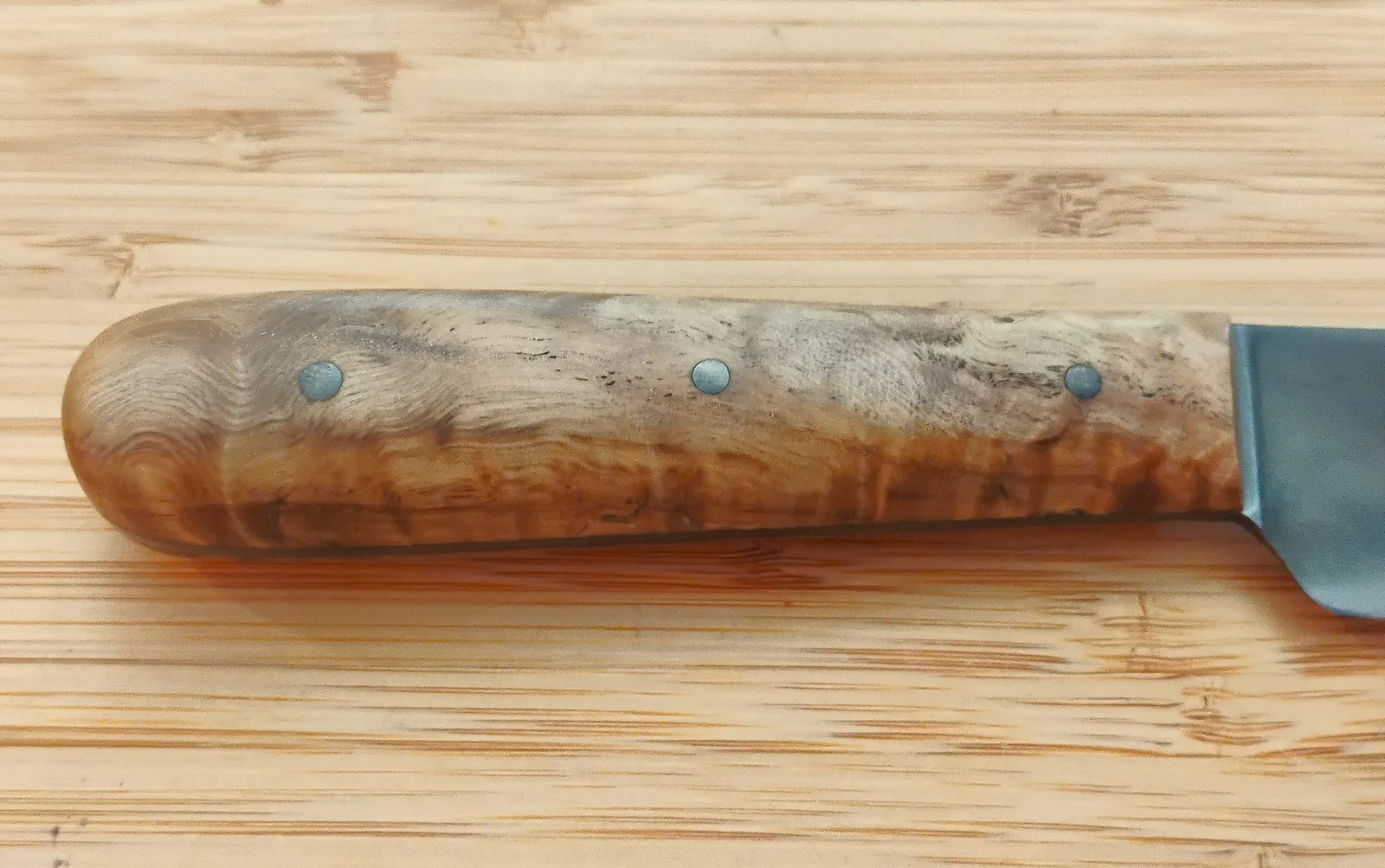 Right side view of GreBec Knives custom Dunstan Chestnut handle on a French Trade knife.