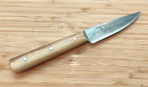 Right side view of Florida Pecan Tiny Trade Knife #453 showing antiqued clip point 1095 steel blade with Florida etch and light Pecan handle on bamboo background.