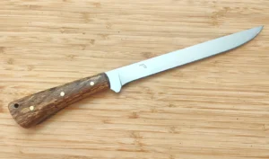 Alternate side of Bur Oak Plateau fillet knife #465 showing the Florida etch on the 8-inch blade and figuring in the Bur Oak handle