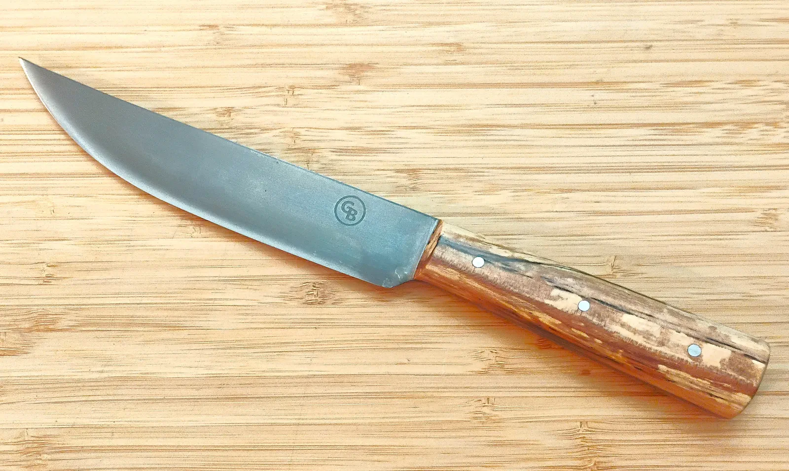 Custom Spalted Pecan Small English Trade Knife #471 with figured stabilized wood handle and etched makers mark on the high carbons steel blade.