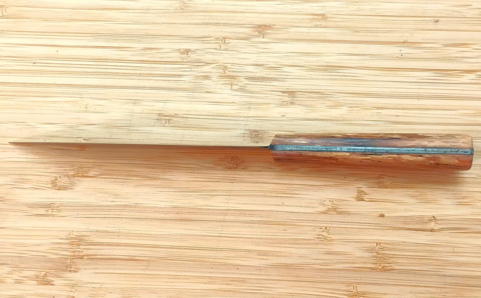 Belly view of the custom Spalted Pecan English Trade Knife #471 showing the full tang construction and 10 1/4" overall length.